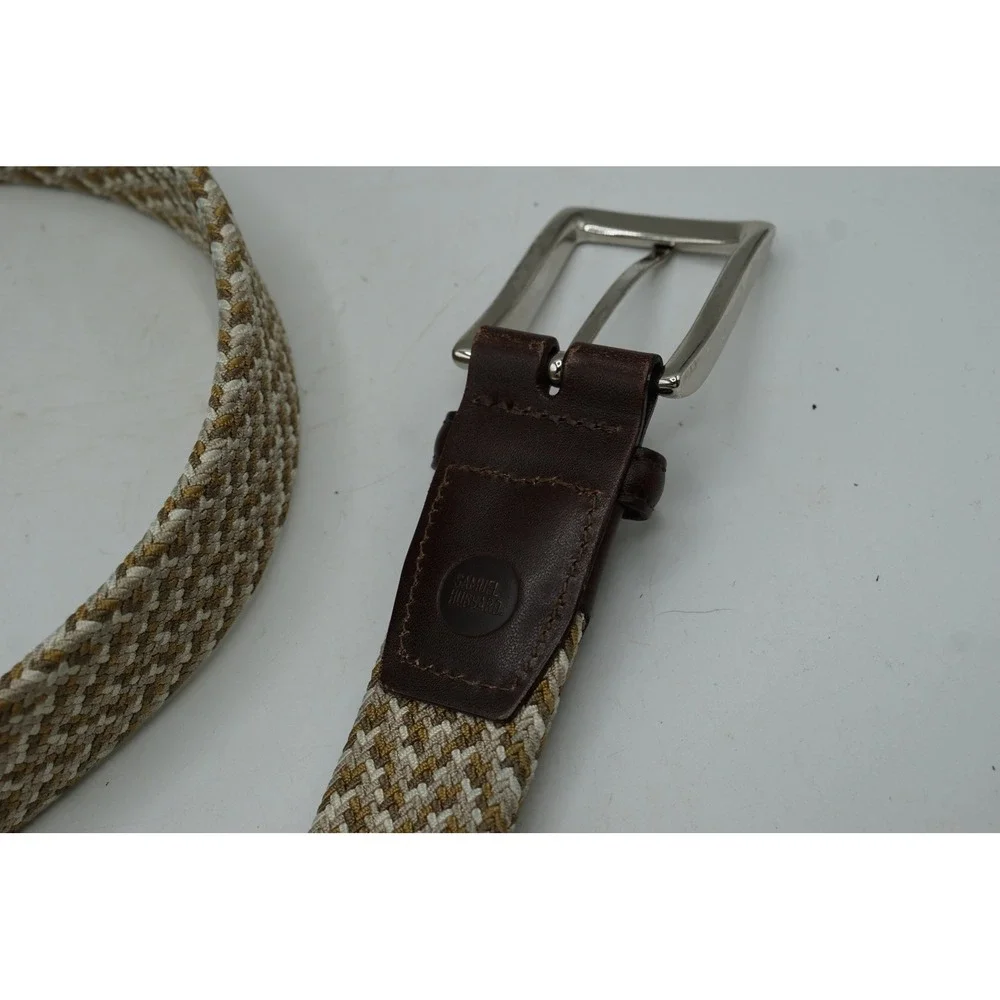 Samuel Hubbard Mens Woven Stretch Belt Brown Tan Braided Leather Trim Sz‎ 38